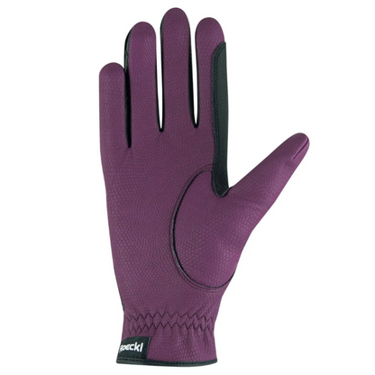 The palm side of Roeckl Lona gloves in Grapwine color. Pebble leather grip.