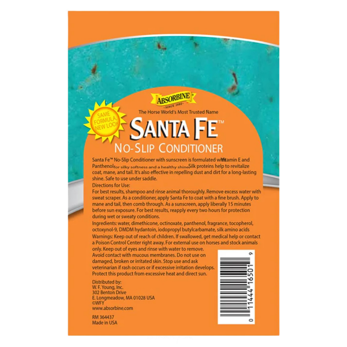 Back label of Santa Fe No-Slip Conditioner with orange and blue design