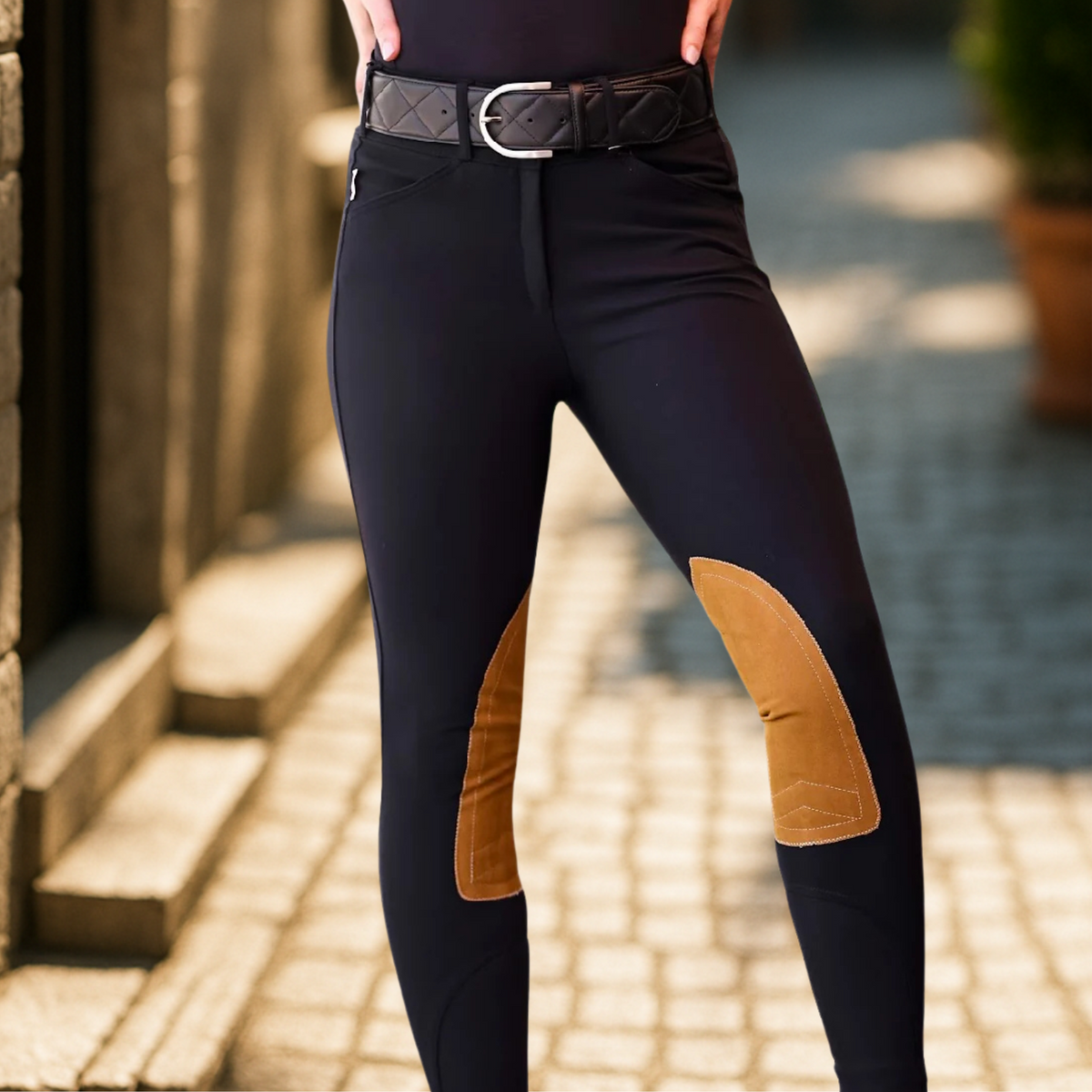 Tailored Sportsman Tech Light Clarino Knee Patch, Mid Rise Front Zip, Black/Tan
