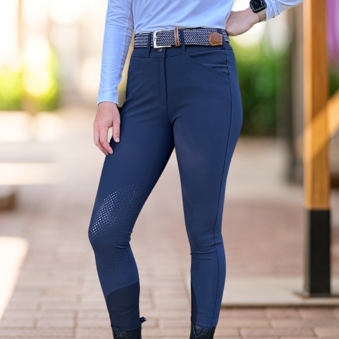 Tailored Sportsman Tech Light Silicone Knee Patch, Mid Rise Front Zip Boot Sock, Blue Navy