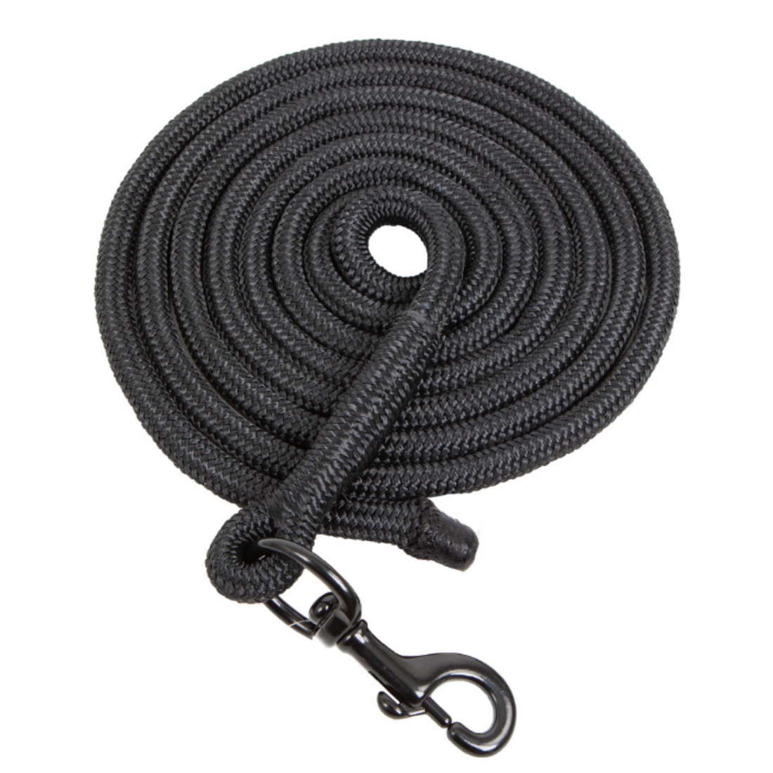 A 10 foot black blocker lead rope with a durable spring snap designed for training horses.
