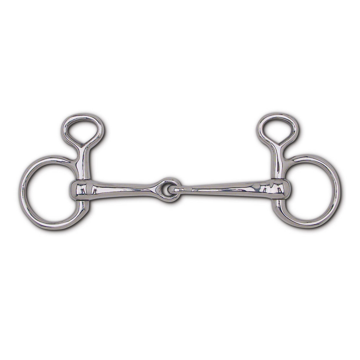 A silver-colored Boucher snaffle bit with a 14mm mouthpiece and 2-inch rings for horses.
