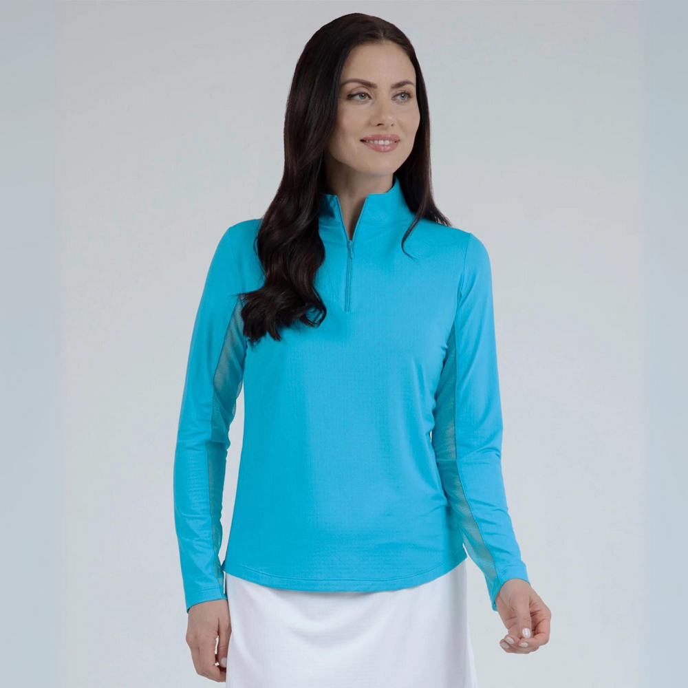 IBKUL Long Sleeve 1/4 Zip Mock Neck Top, Turquoise