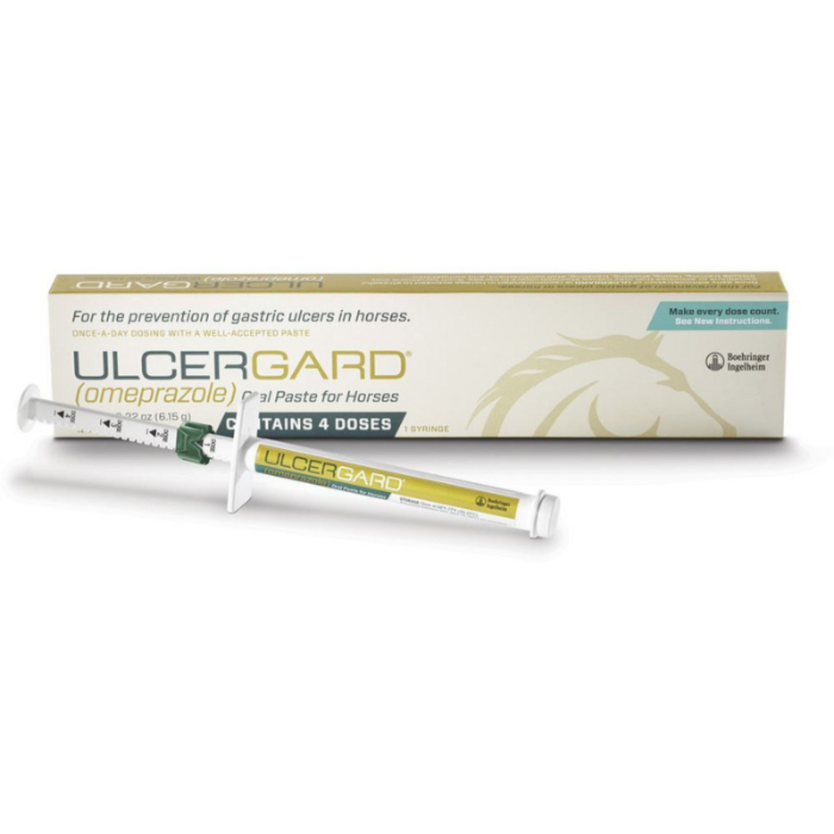 A tube of UlcerGard for prevention of gastric ulcers in horses.