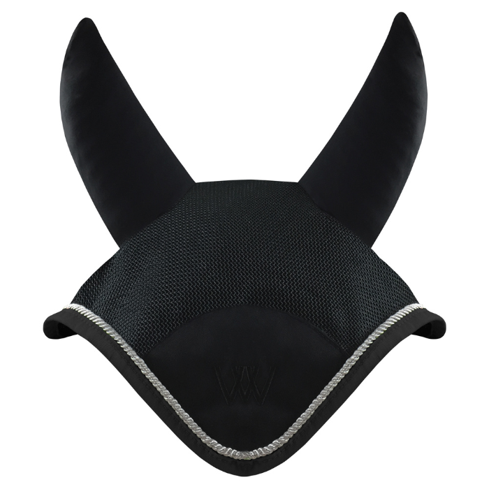 Black on black Woof Wear Ergonomic Fly Veil with silver rope edging and black binding.
