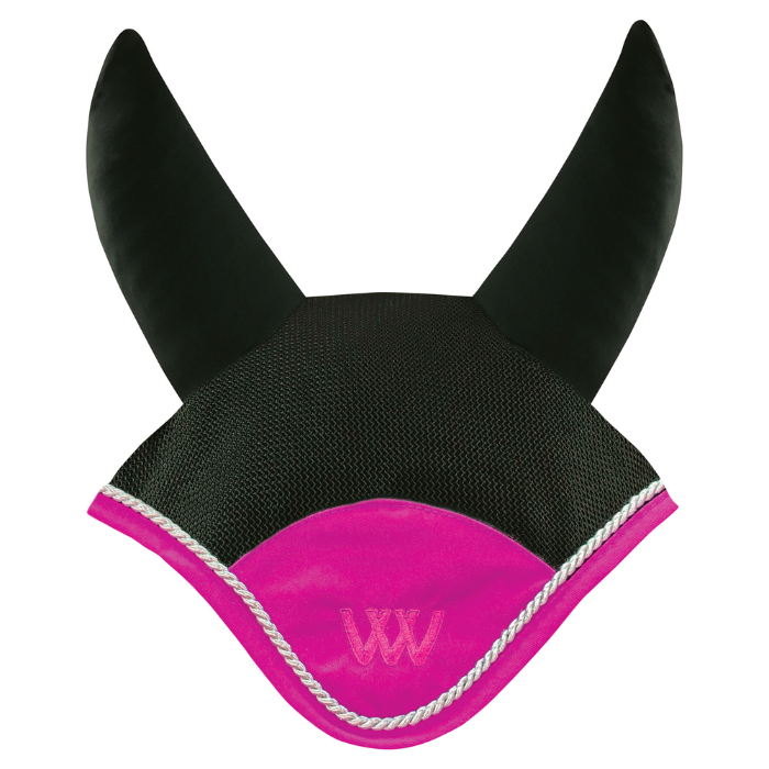 Black & berry Woof Wear Ergonomic Fly Veil with silver rope edging and berry binding.