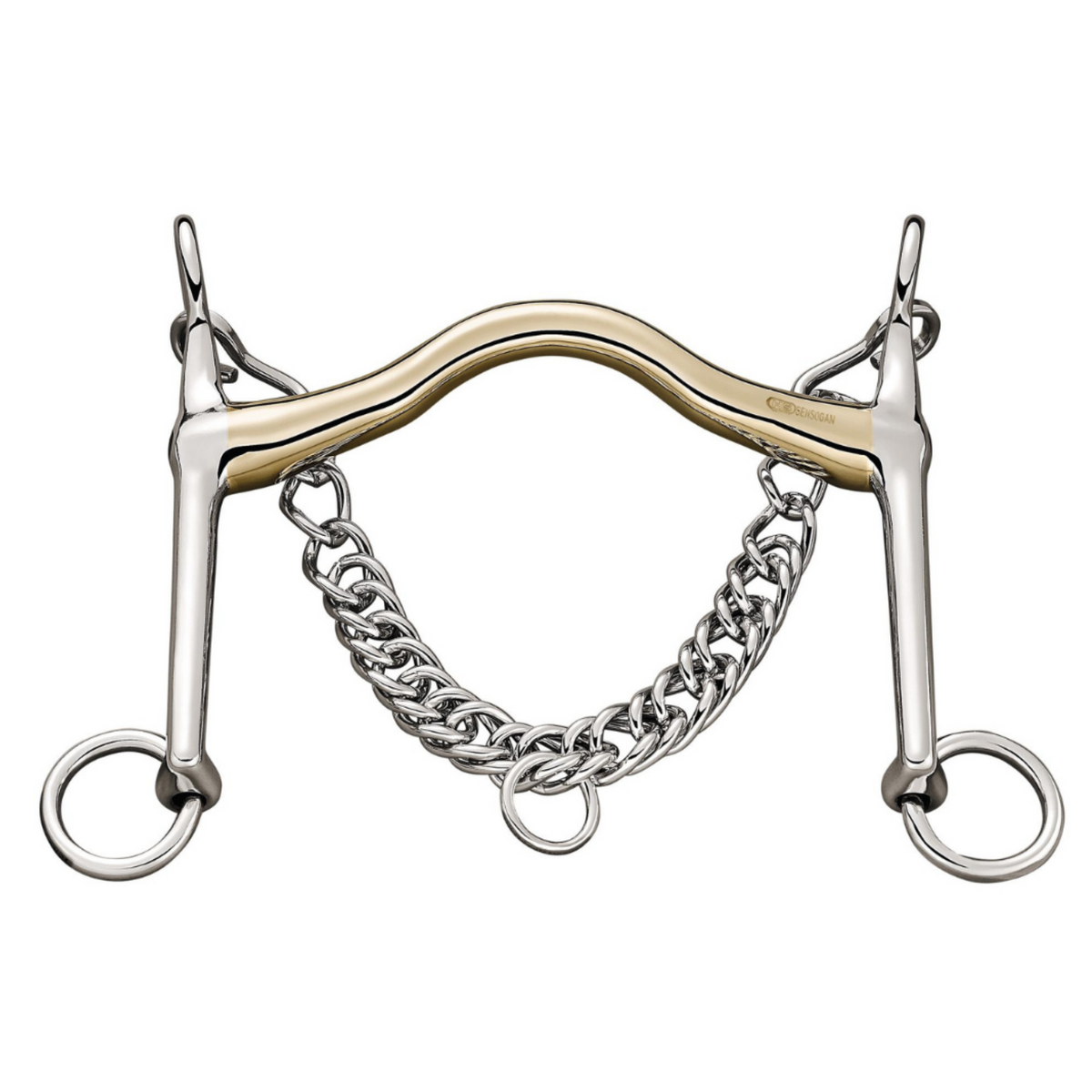 A Herm Sprenger Bemelmans Weymouth Bit with a smooth, rounded port and stainless steel cheek pieces, featuring a chain detail.