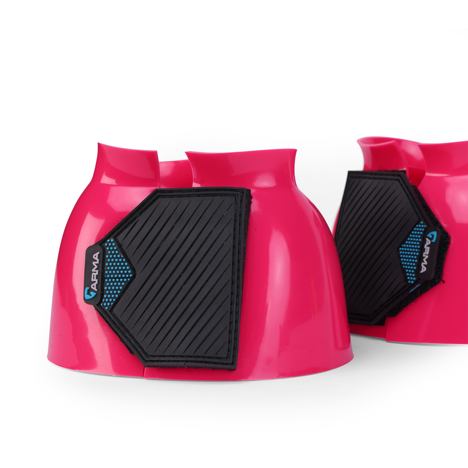 Pair of Pink ARMA by Shires Equestrian bell boots with easy grip double sided touch close straps and the ARMA logo on the straps.