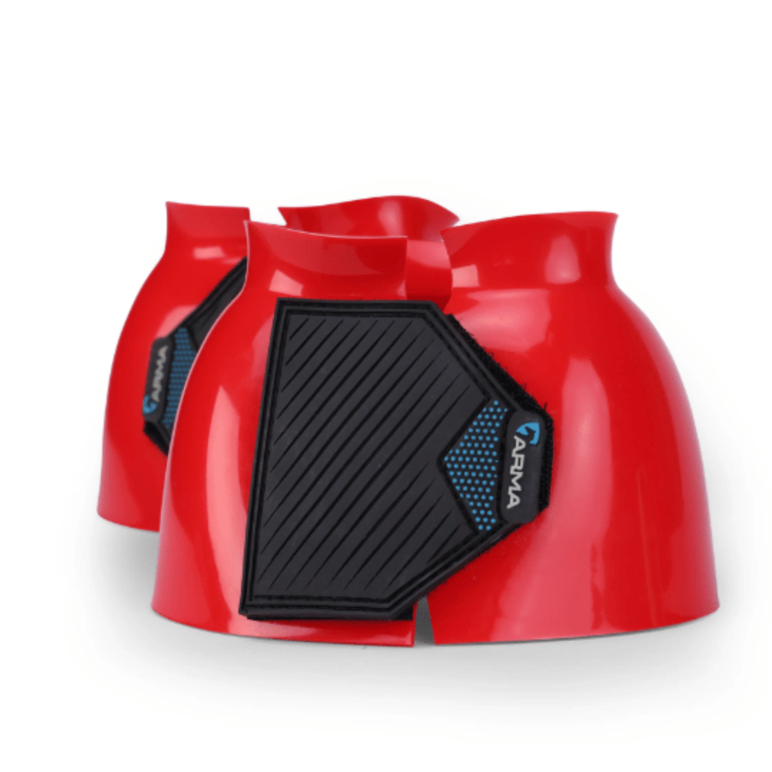 Pair of Red ARMA by Shires Equestrian bell boots with easy grip double sided touch close straps and the ARMA logo on the straps.