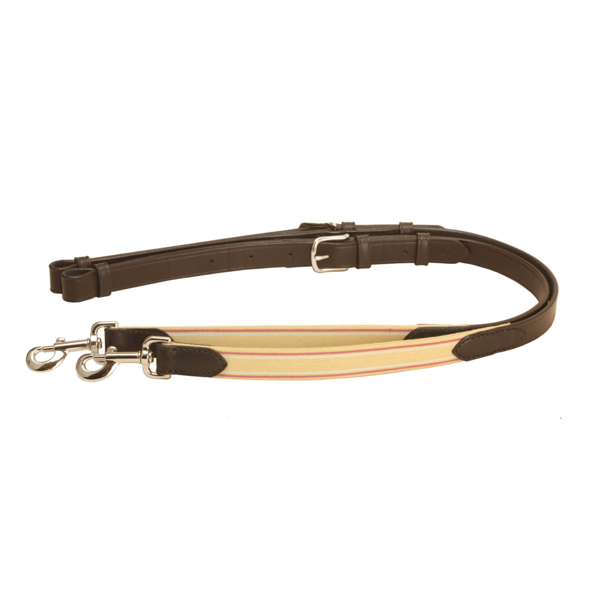 Tory leather side reins in brown leather with elastic and brass snaps.