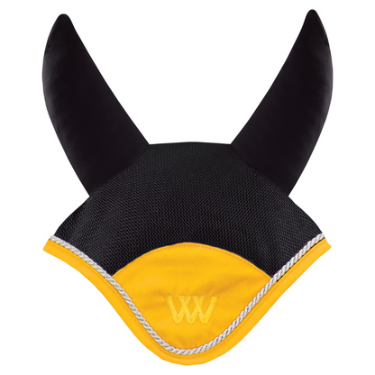 Woof Wear Black &amp; Sunshine Yellow Ergonomic Fly Veil with silver rope edging and sunshine yellow binding.