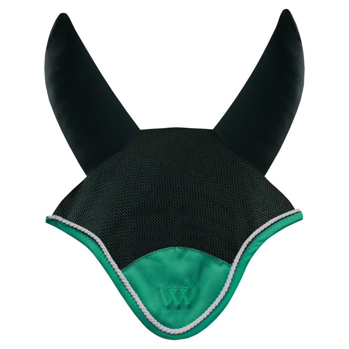 Woof Wear Black & British racing green Ergonomic Fly Veil with silver rope edging and British racing green binding.