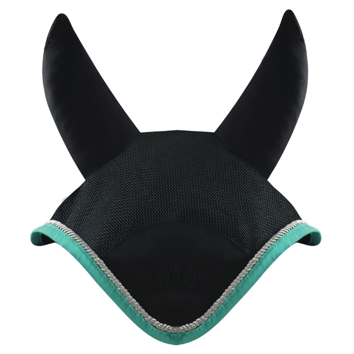Woof Wear Black & Mint Ergonomic Fly Veil with silver rope edging and mint binding.