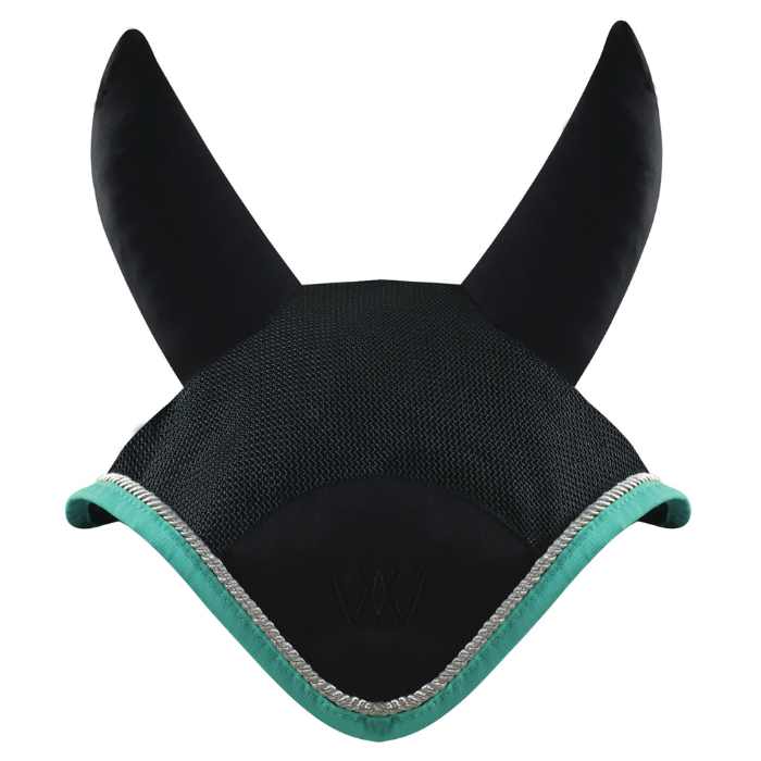 Woof Wear Black &amp; Mint Ergonomic Fly Veil with silver rope edging and mint binding.