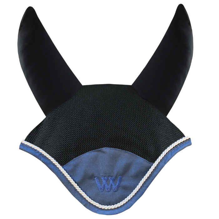 Woof Wear Black & Navy Ergonomic Fly Veil with silver rope edging and navy binding.