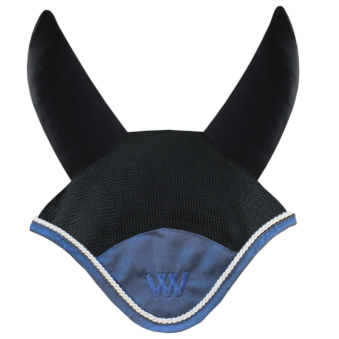 Woof Wear Black &amp; Navy Ergonomic Fly Veil with silver rope edging and navy binding.