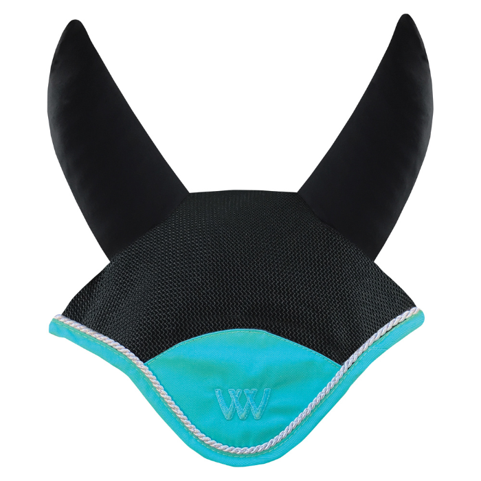 Woof Wear Black &amp; Ocean Ergonomic Fly Veil with silver rope edging and ocean binding.