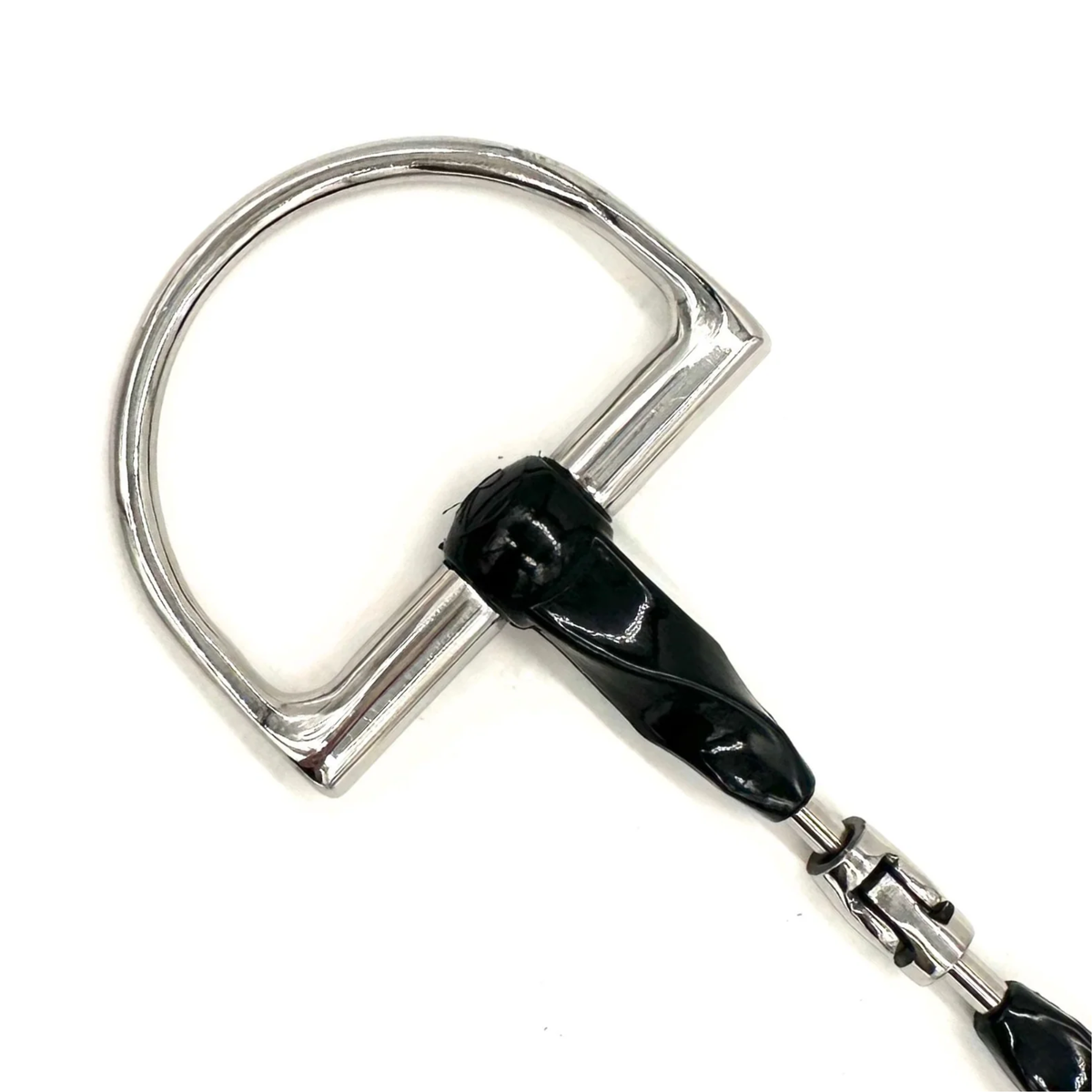 Detailed view of the cheekpiece of an AJR Sport Pony Rubber Twist Hinge D Bit on a white background.