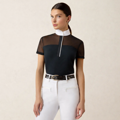 Young woman with dark, pulled back hair wearing an Ariat Allure Short Sleeve Show Shirt with a black bodice and white collar and piping. 