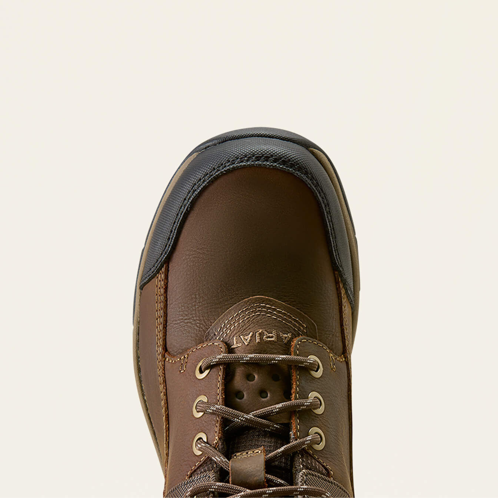 A close-up top-down view of Ariat Terrain Trek H2O dark chocolate brown leather lace-up boot with a black rubber toe cap, set against a solid off-white background.