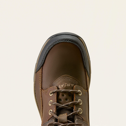 A close-up top-down view of Ariat Terrain Trek H2O dark chocolate brown leather lace-up boot with a black rubber toe cap, set against a solid off-white background.