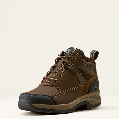 A dark chocolate brown Ariat Terrain Trek H2O  mid-top hiking boot with a black toe cap &amp; sole, shown from a three-quarters angle against a light beige background.