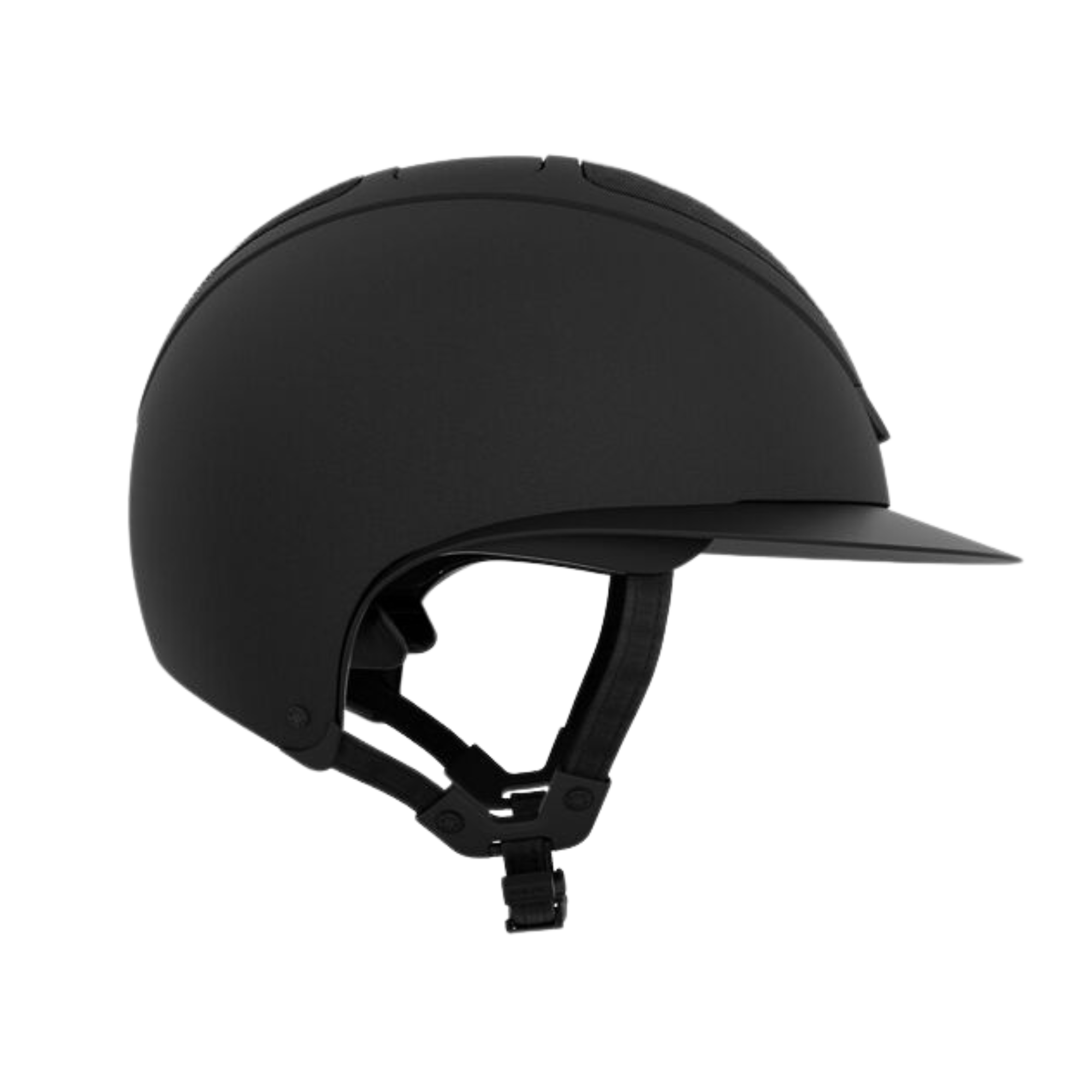 Side view of KASKs black Star Lady Hunter equestrian riding helmet with a chinstrap on a white background.