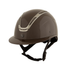 A glossy BR Equesrtian Zeta Serene Shine brown equestrian riding helmet with a gunmetal metallic stripe detail and black chin straps, shown on a plain white background.