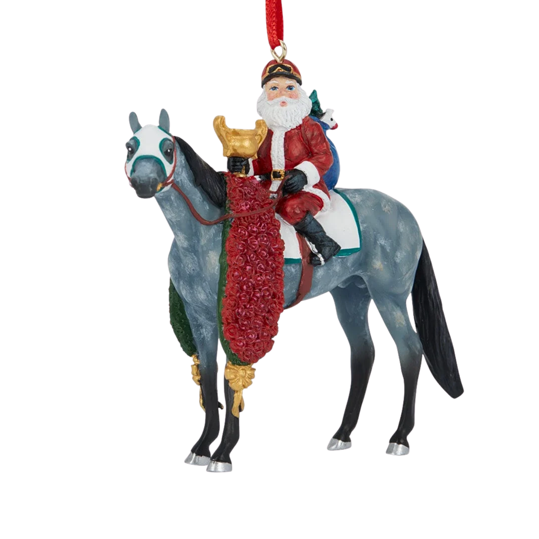 A Santa Claus riding a gray horse Christmas ornament, featuring a red Santa suit, white beard, a red rose garland, and a red hanging ribbon at the top, set against a plain white background.