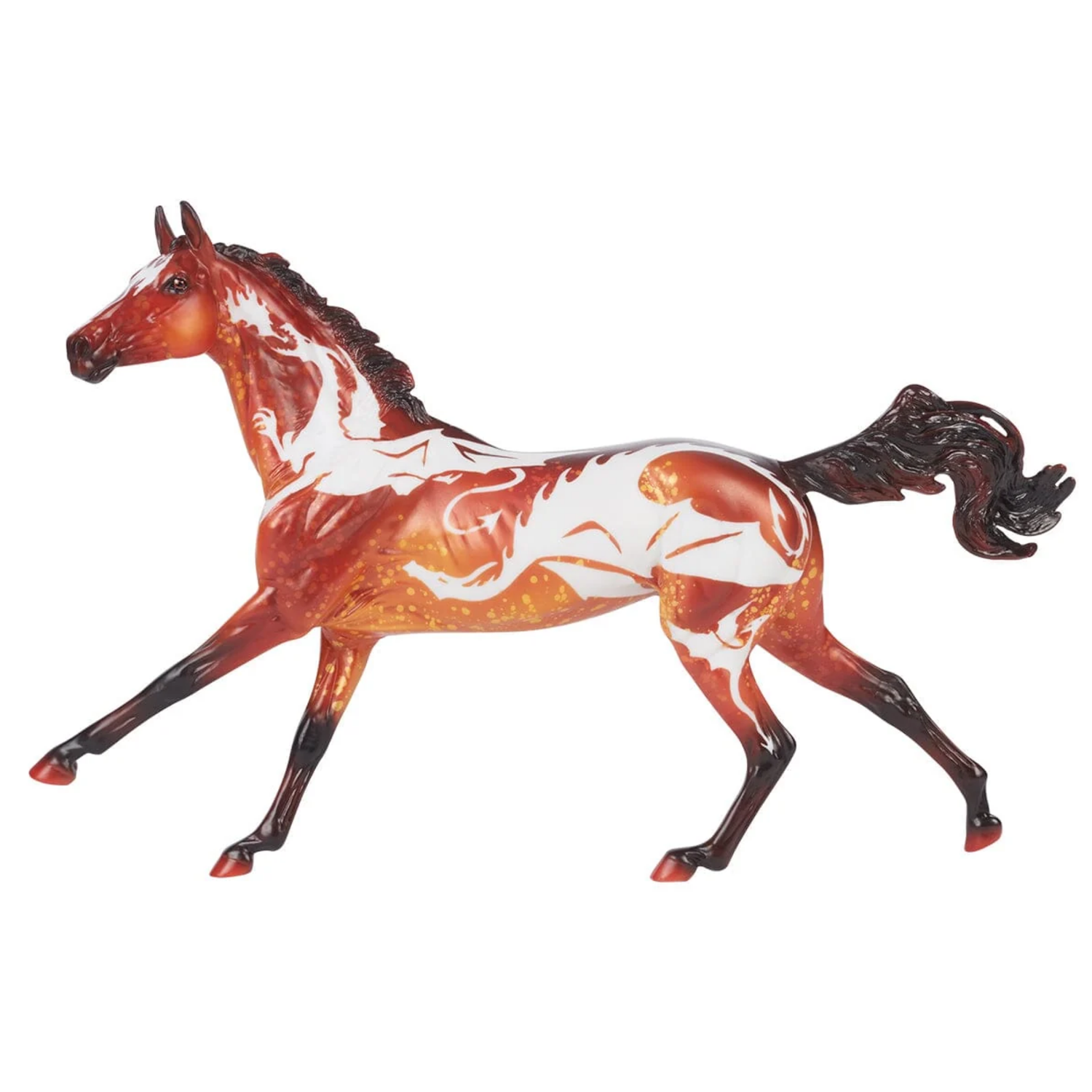 A glossy Breyer model of a running horse with a reddish-brown coat, white dragon like markings, and dark brown to black mane, tail, and legs, shown against a plain white background.