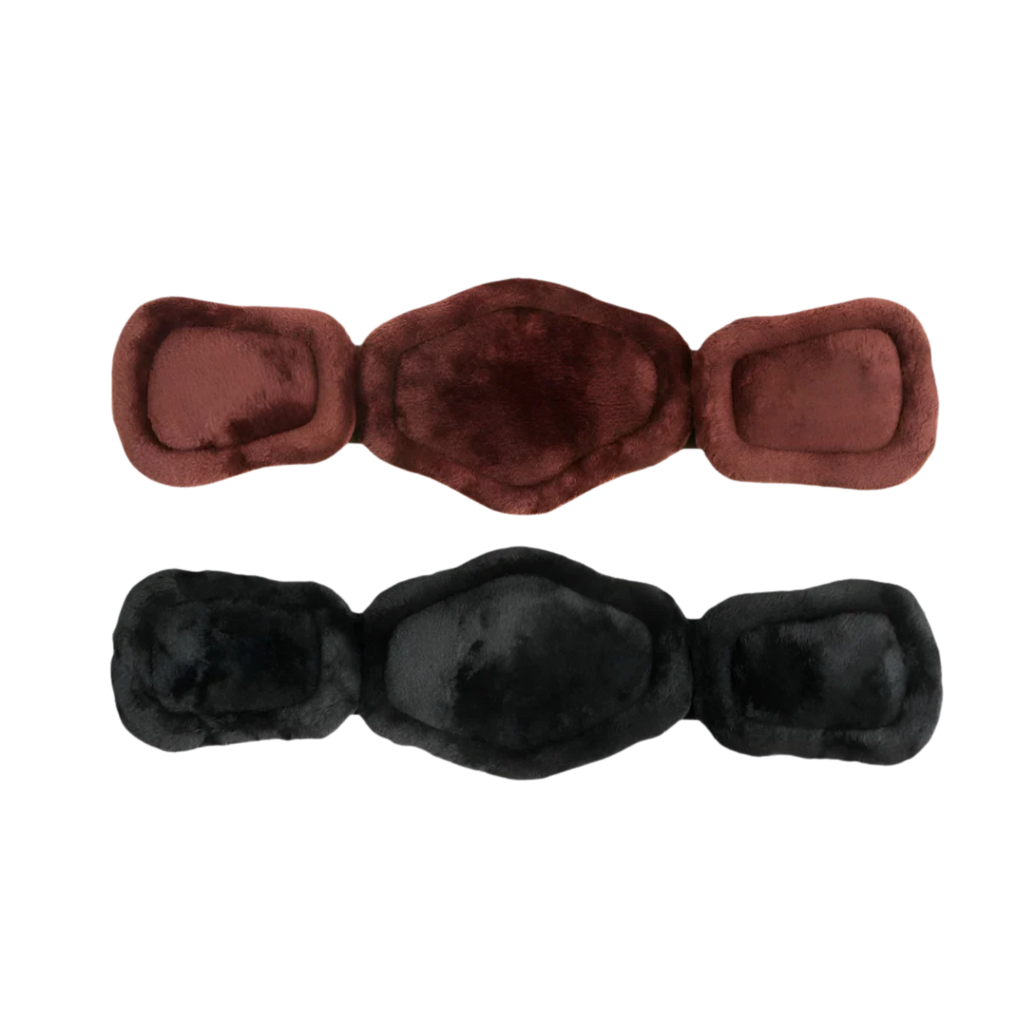 Set of brown and black fleece pads for short comfort girth.