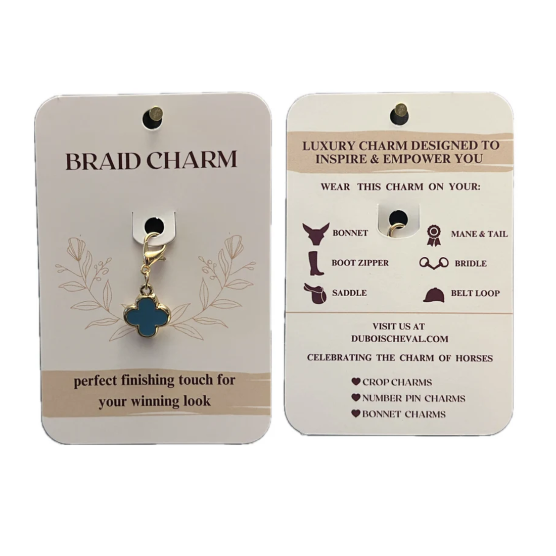 Braid charm on a display card with branding and product details.