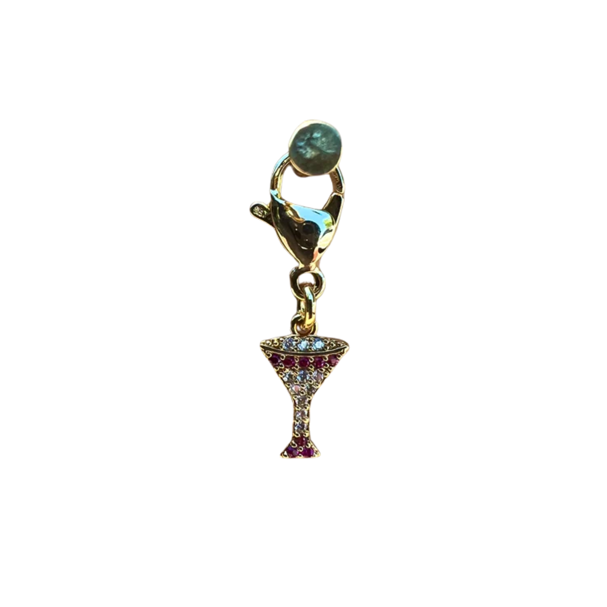 Gold charm shaped like a cocktail glass with gemstones on a white background