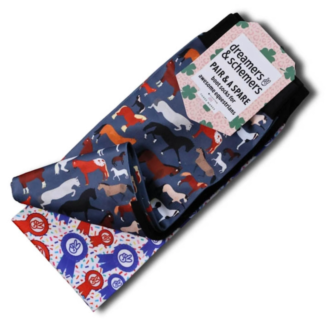 Dreamers &amp; Schemers Breeds Pair &amp; A Spare equestrian boot socks with colorful horse and ribbon patterns