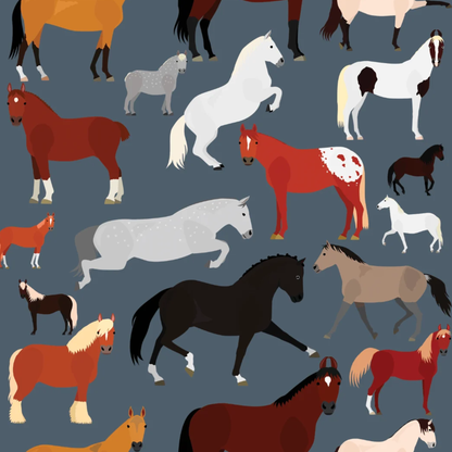 dreamers &amp; schemers "Horse Breeds of the World fabric pattern of illustrated horses in many colors on a dark blue-gray background, including brown, white, red, black, tan, and gray horses.