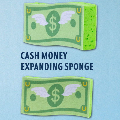 Two green dreamers &amp; schemers expanding horse bath sponges shaped like dollar bills with wings and a dollar sign, shown on a light blue background with the text &