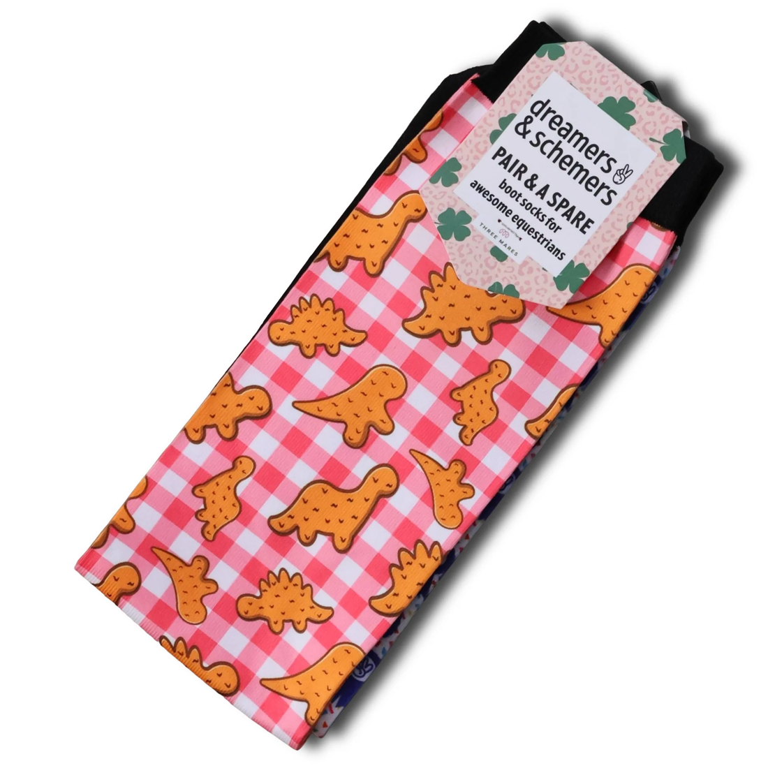 Pair of socks with dinosaur pattern on a pink checkered background, brand &