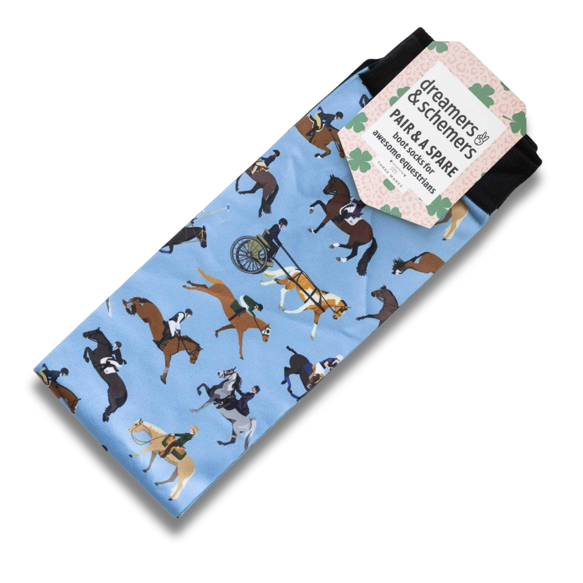Dreames &amp; Schemers The Pony Island "Horse Sports" folded blue boot socks with a horse and rider pattern, featuring a paper label that reads &