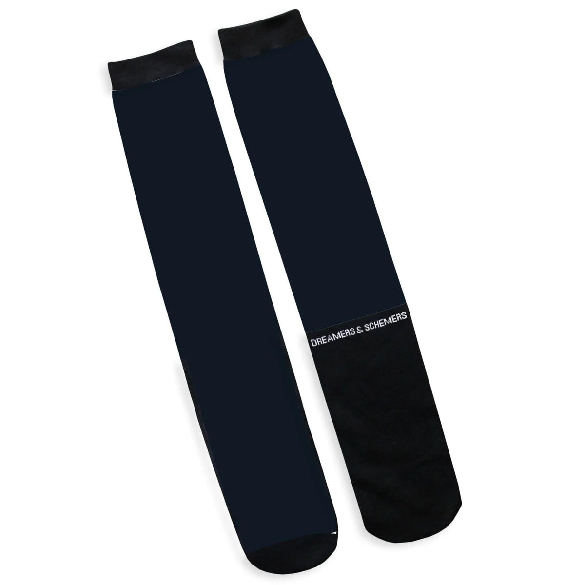 A pair of long black socks laid flat on a white background, featuring a white &