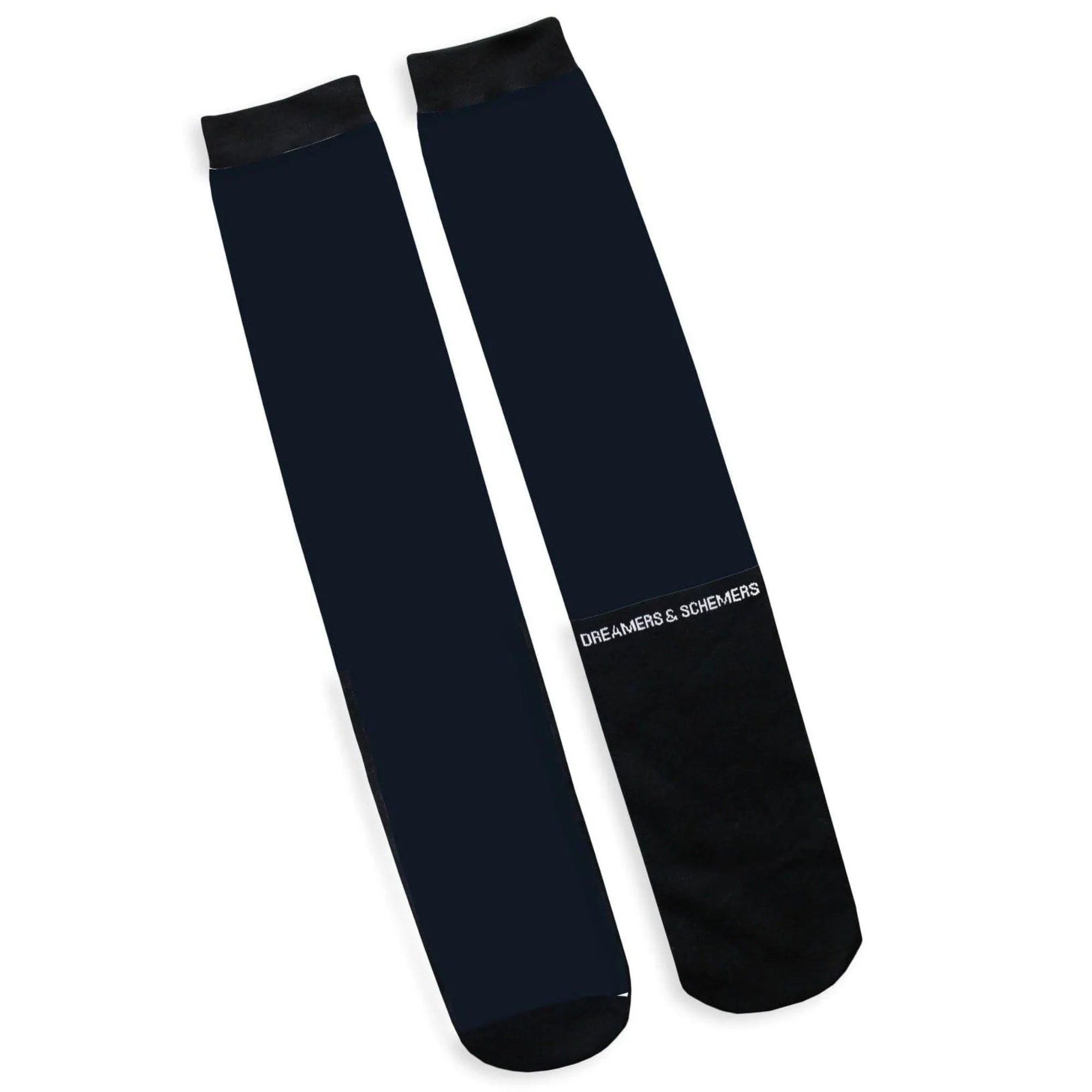 A pair of long black socks laid flat on a white background, featuring a white &