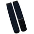 A pair of long black socks laid flat on a white background, featuring a white &