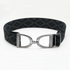 A black & grey elastic belt with a polished gunmetal tone metal buckle featuring the brand name &