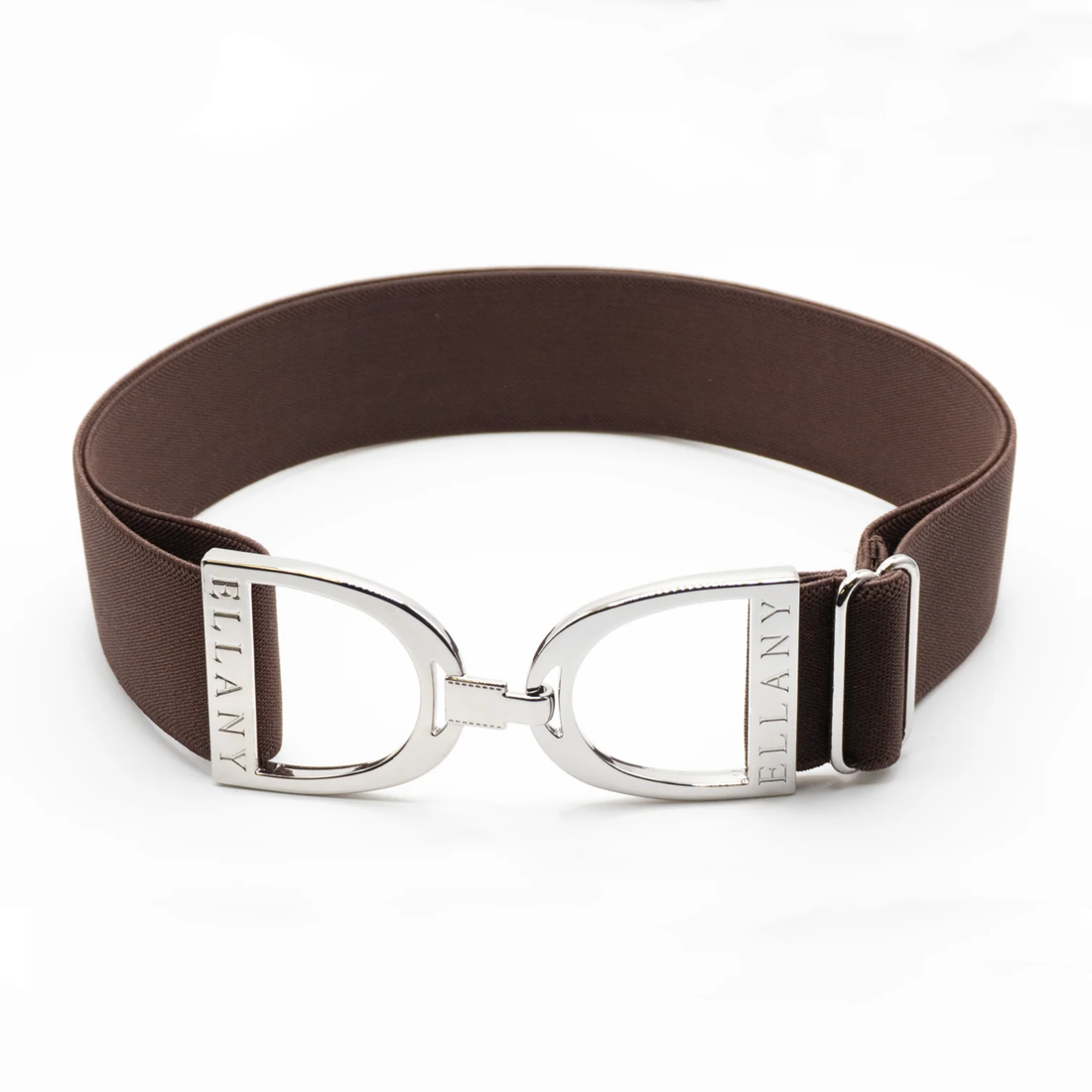 A brown elastic belt with a polished silver-tone metal buckle featuring the brand name &