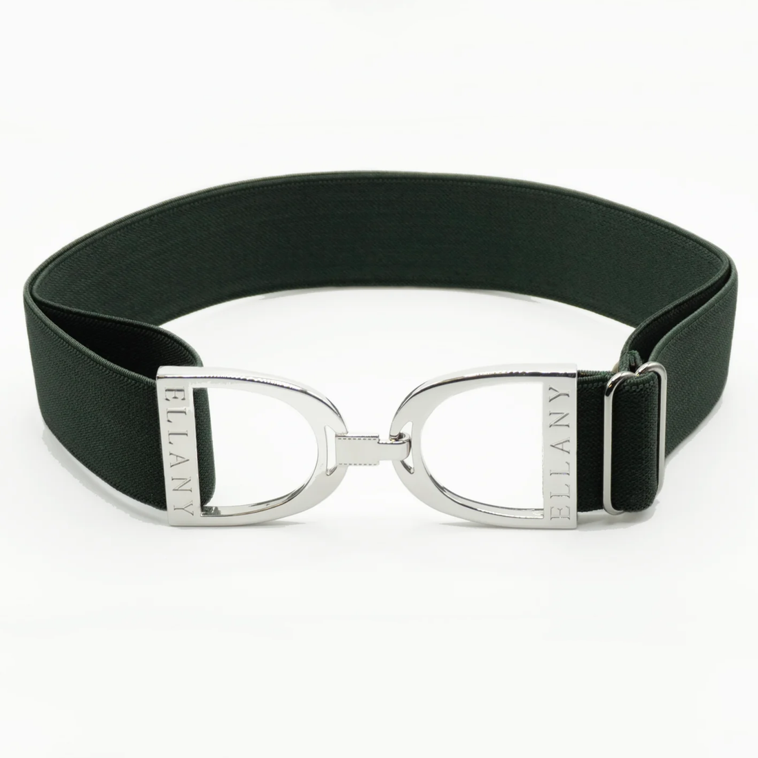 A hunter green elastic belt with a polished silver-tone metal buckle featuring the brand name &