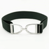 A hunter green elastic belt with a polished silver-tone metal buckle featuring the brand name &