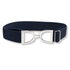 A navy blue 1.5" Ellany belt with a polished silver-tone stirrup buckle featuring the brand name &