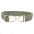 A sage green woven elastic belt with a geometric diamond pattern and a gold-tone metal buckle featuring the brand name &