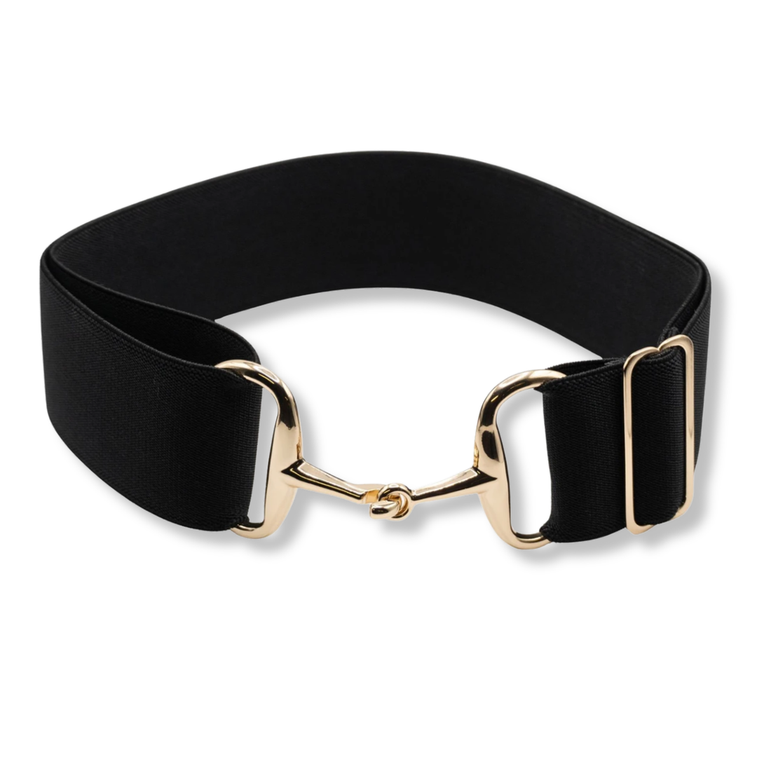 A black elastic Ellany 2" Core Collection belt with polished gold-tone snaffle bit buckle, shown on a plain white background.
