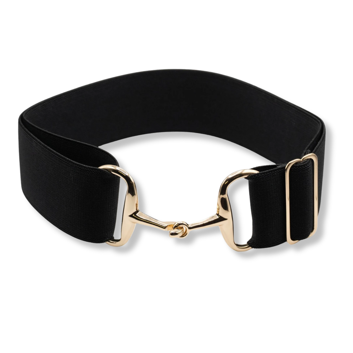 A black elastic Ellany 2" Core Collection belt with polished gold-tone snaffle bit buckle, shown on a plain white background.
