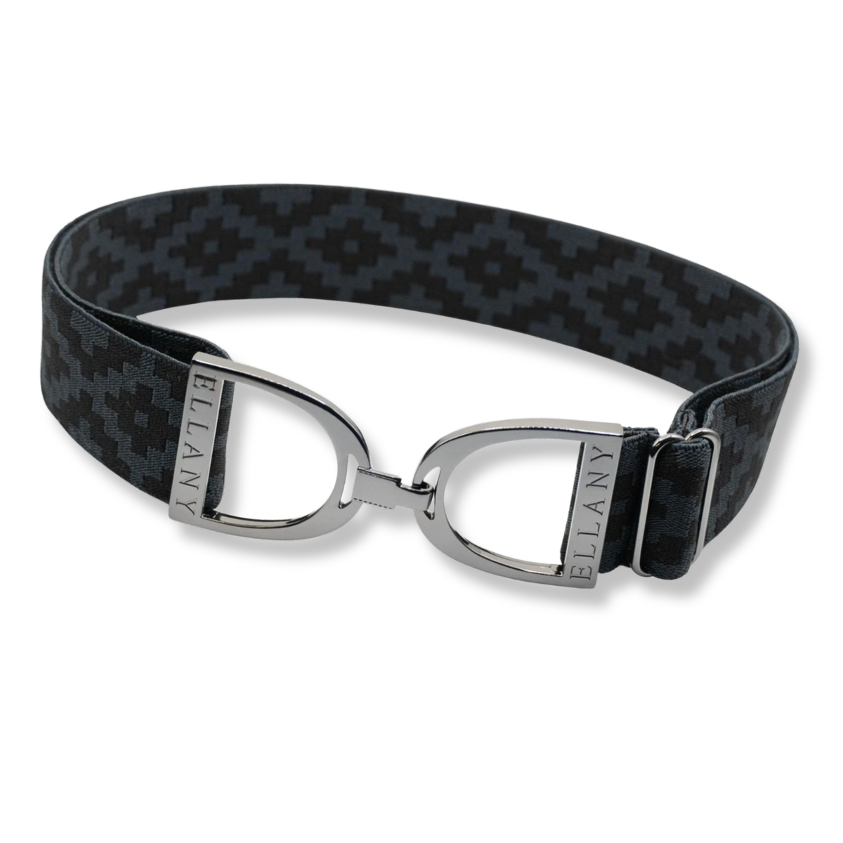 A black and gray Charcoal Polo Elany belt with polished gunmetal-tone metal hardware, featuring the brand name &